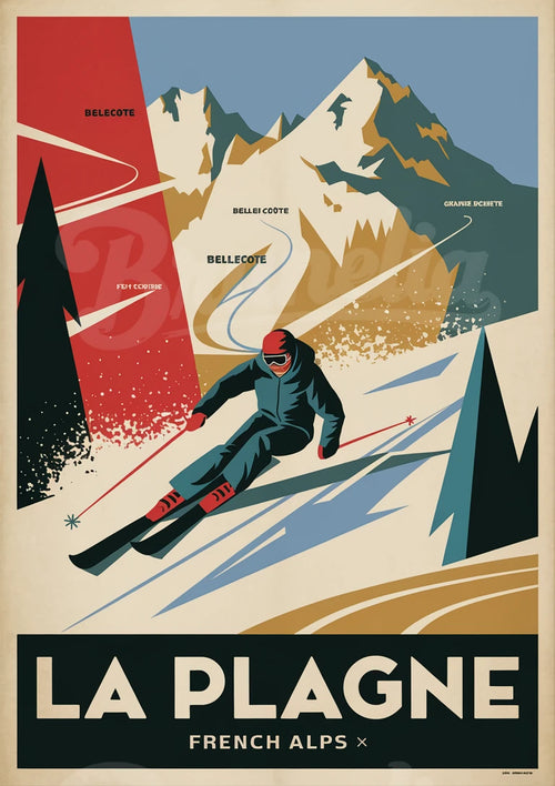 Affiche skieur rétro – Descente Bellecôte, Alpes françaises