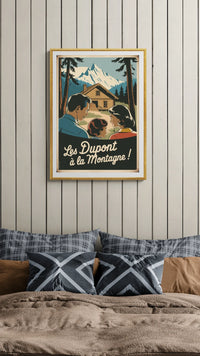 Affiche famille chalet montagne enneigée années 1930