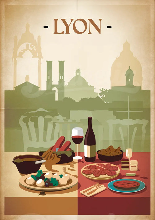 Illustration Rétro – Table Gourmande et Monuments Lyonnais