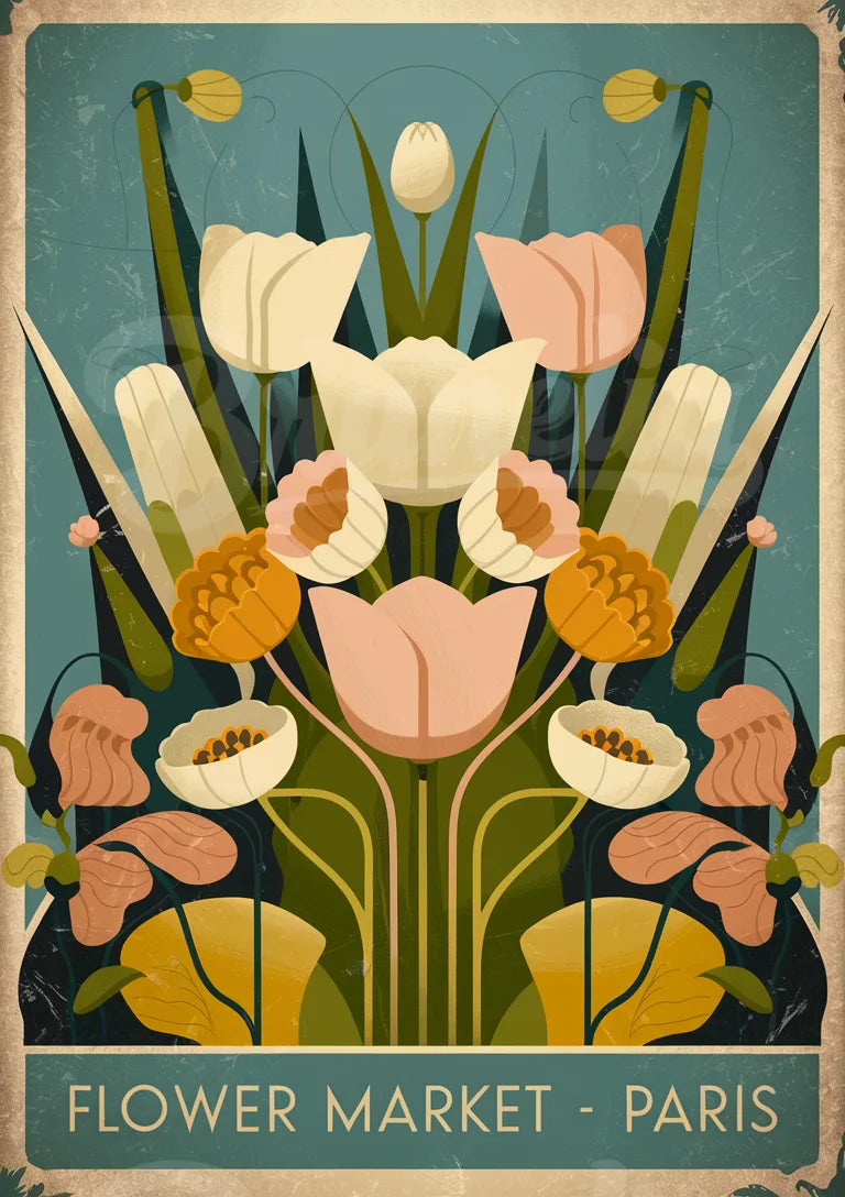 Affiche Flower Market Paris art déco tropical teal doré