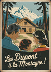Affiche famille chalet montagne enneigée années 1930