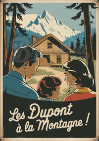 Affiche famille chalet montagne enneigée années 1930