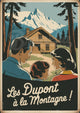 Affiche famille chalet montagne enneigée années 1930
