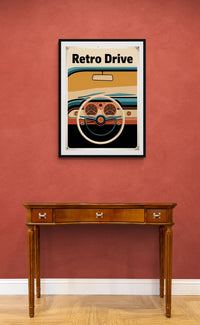 Affiche retro route et tableau de bord automobile