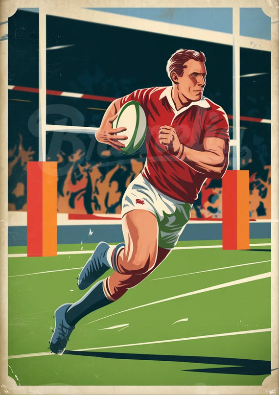 Affiche vintage rugbyman en plein match