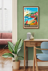 Affiche Côtière avec maisons basques et falaises rouges basque