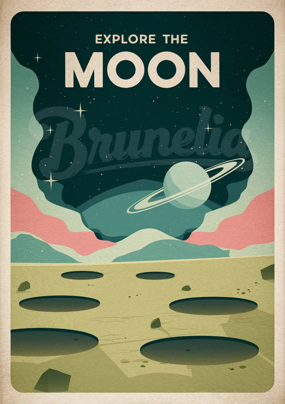 Affiche vintage paysage lunaire rétro