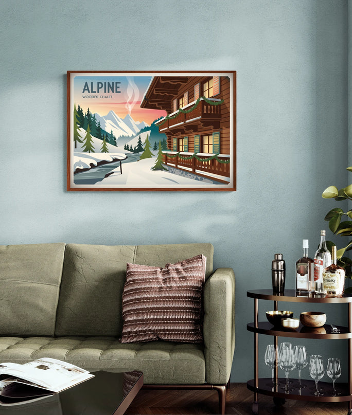 affiche chalet en bois rétro