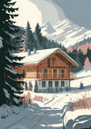 Affiche chalet alpin enneigé style rétro