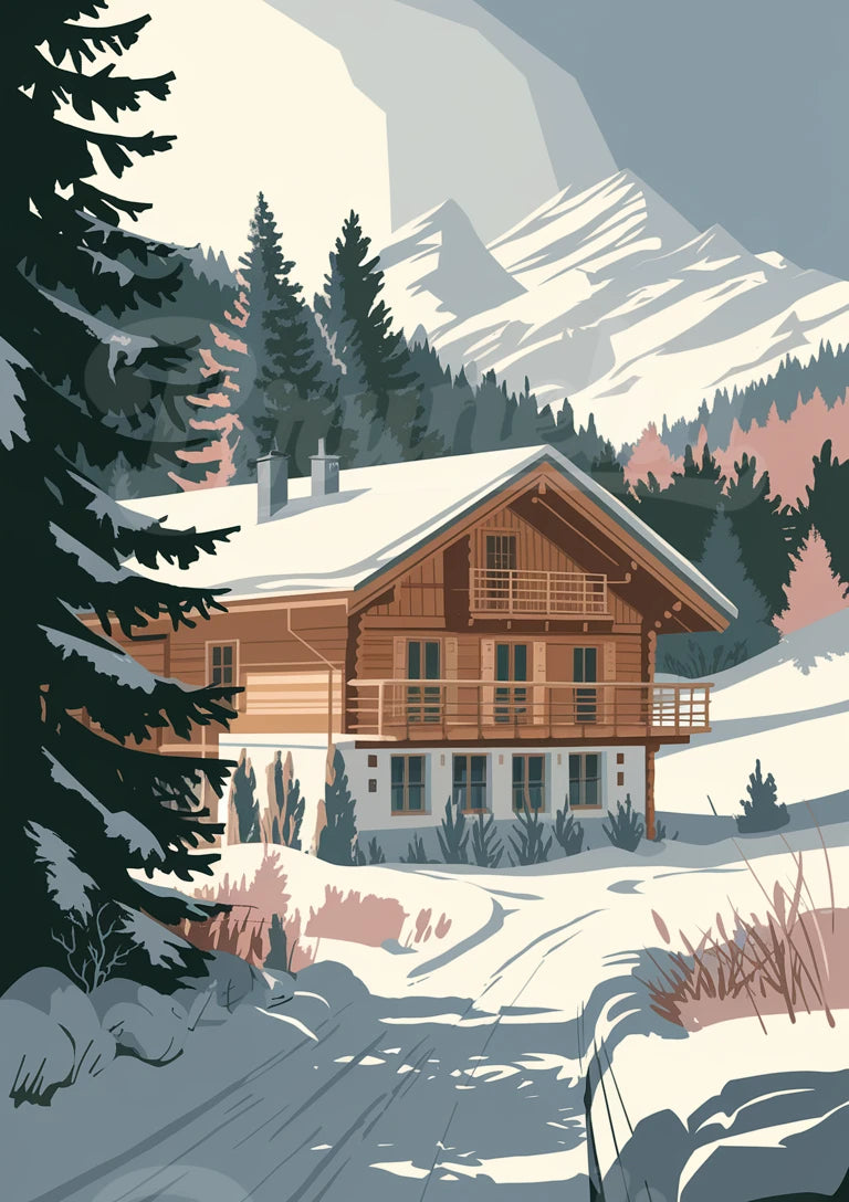 Affiche chalet alpin enneigé style rétro