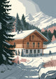 Affiche chalet alpin enneigé style rétro