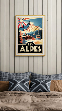 Affiche Les Alpes chalet téléphérique style Art déco