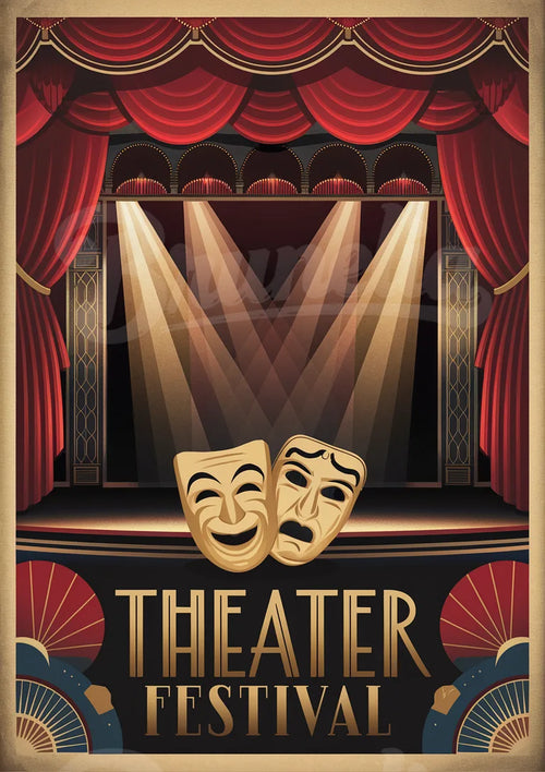 Affiche - Scène de Théâtre Éclairée avec Masques Classiques