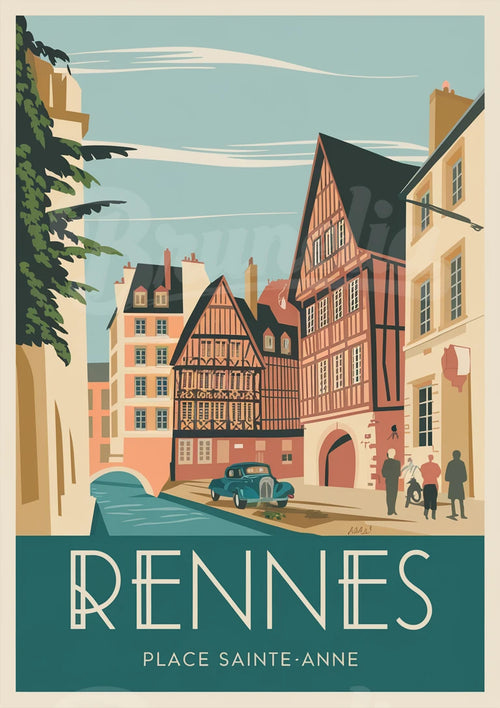 Affiche d'art – Rue pavée et maisons à colombages à Rennes