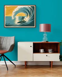 Affiche surfeur vague turquoise soleil rétro
