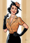 Affiche femme rétro chapeau fleur gants perles ocre