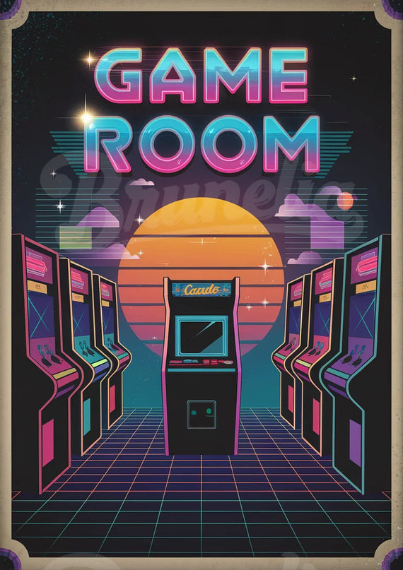 Affiche vintage salle de jeux années 80