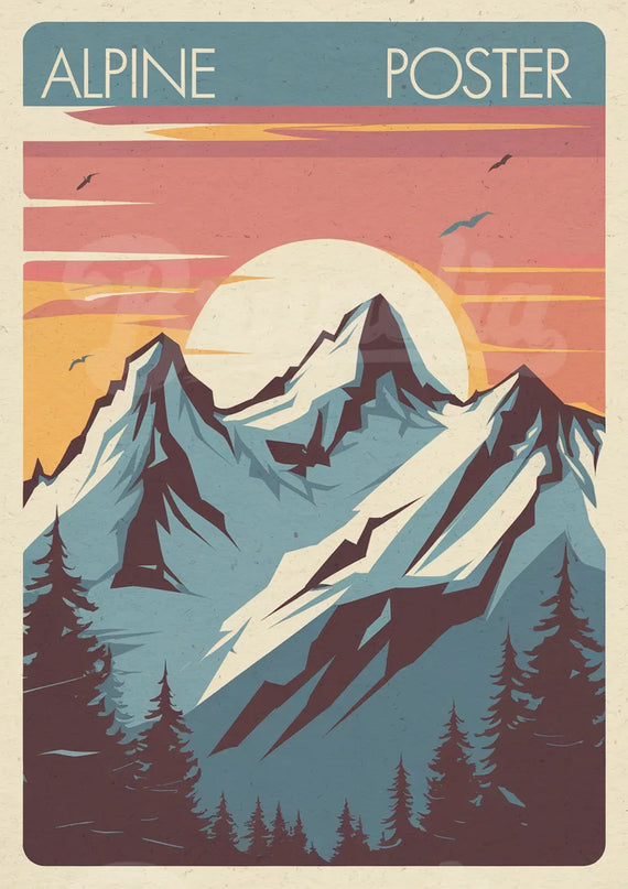 Affiche coucher de soleil alpin vintage