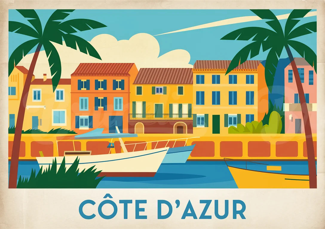 Affiche vintage maisons colorées Côte d’Azur