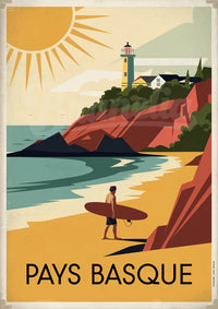 Affiche rétro – Surfeur et phare au bord des falaises rouges