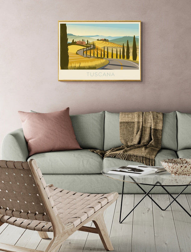 Affiche vintage route sinueuse et paysage toscan