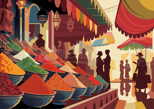 Affiche artistique – Étals d'épices colorés au marché oriental