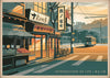 Affiche rue japonaise coucher de soleil style art déco