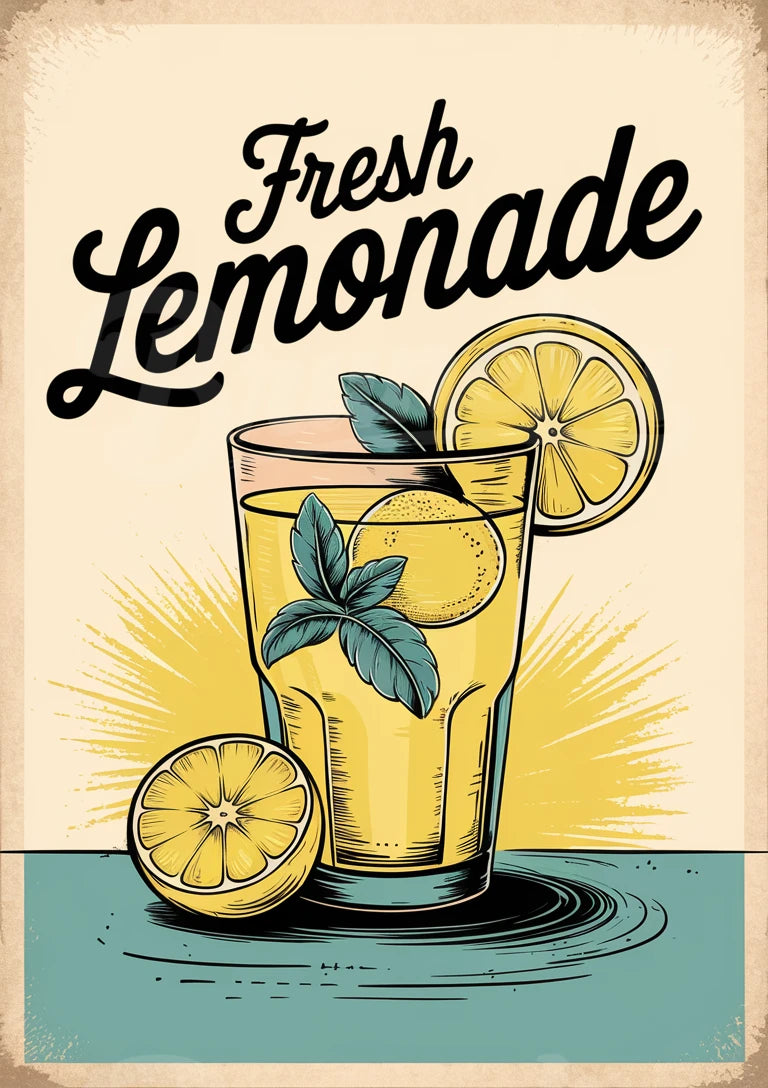Affiche rétro boisson fraîche au citron et menthe