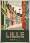 Affiche Vieux-Lille rue pavée façades flamandes lampadaires