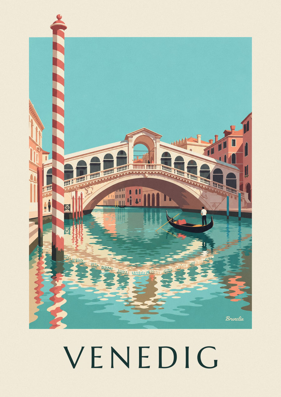 Affisch med Rialtobron och gondol på Canal Grande i Venedig