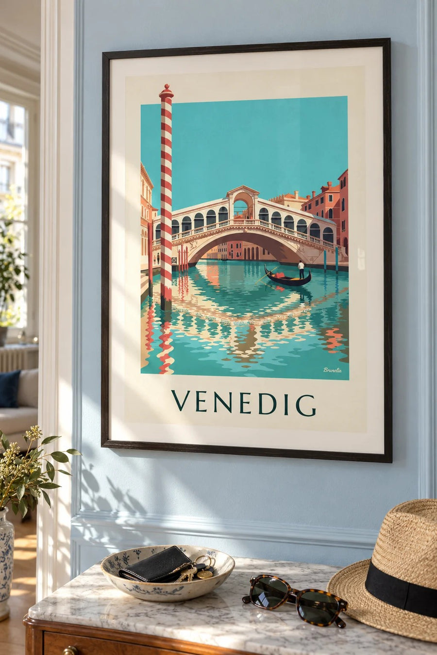 Affisch med Rialtobron och gondol på Canal Grande i Venedig: inramad på väggen