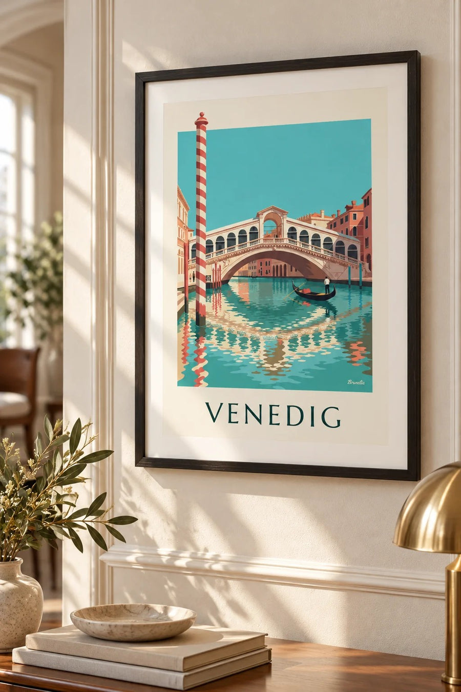Affisch med Rialtobron och gondol på Canal Grande i Venedig: litet A4-format i ram