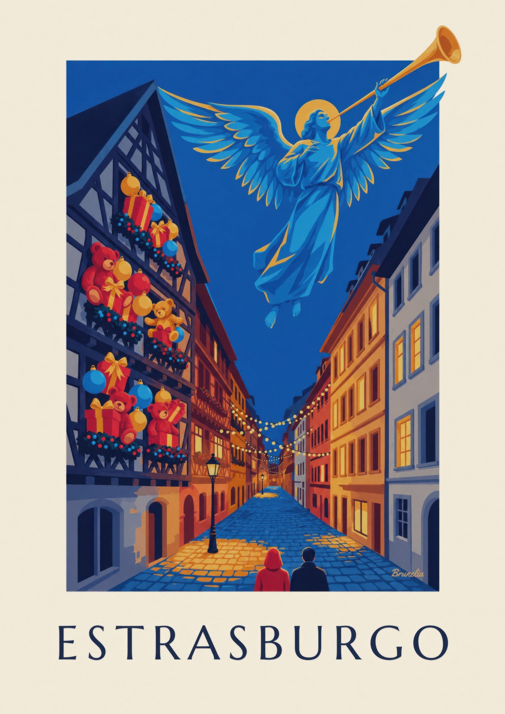 Affiche Strasbourg à Noël, ange lumineux (titre ESTRASBURGO) : détail en gros plan