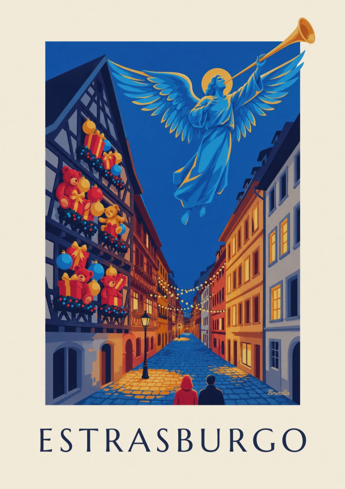 Affiche Strasbourg à Noël, ange lumineux (titre ESTRASBURGO)