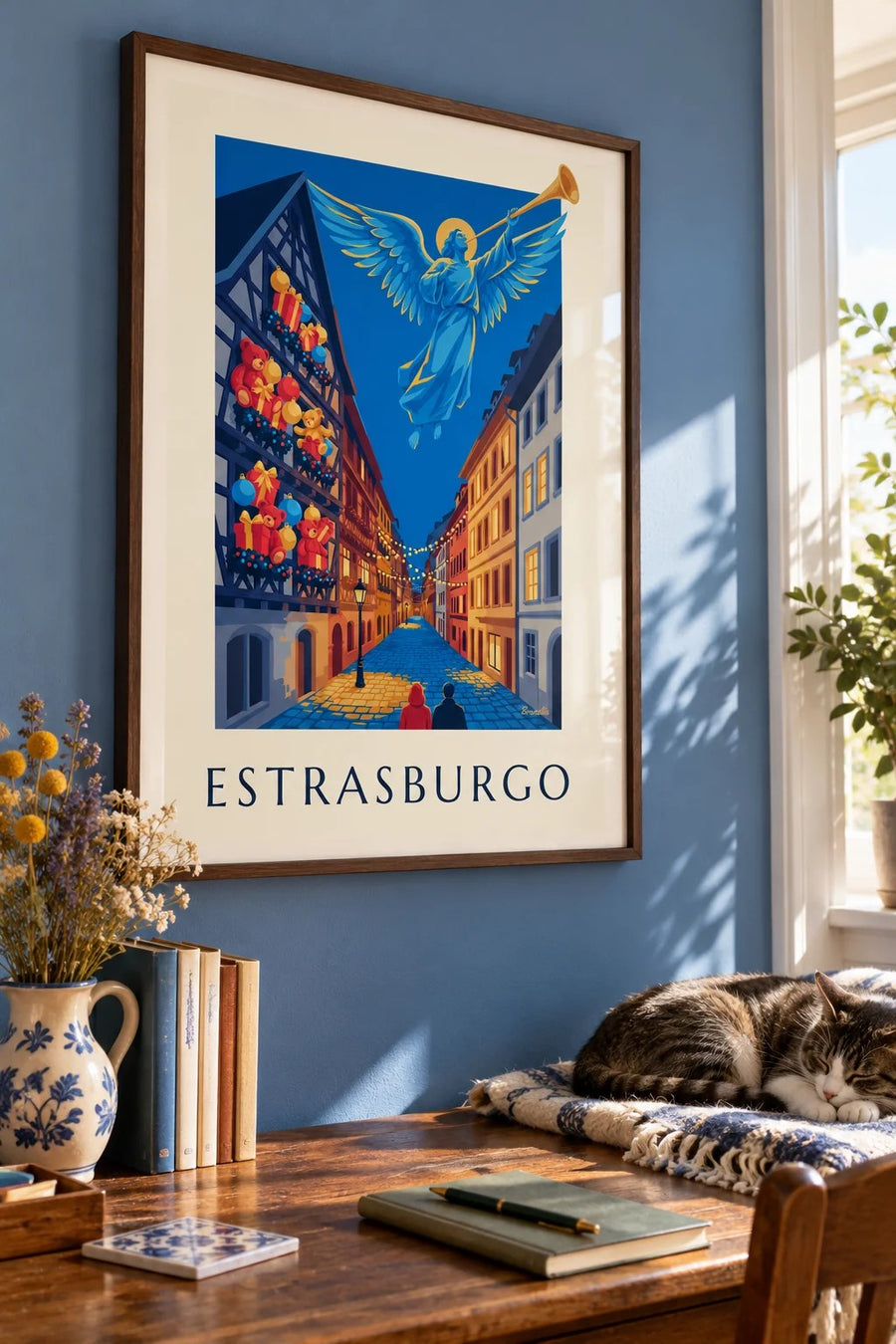 Affiche Strasbourg à Noël, ange lumineux (titre ESTRASBURGO) : encadrée au mur