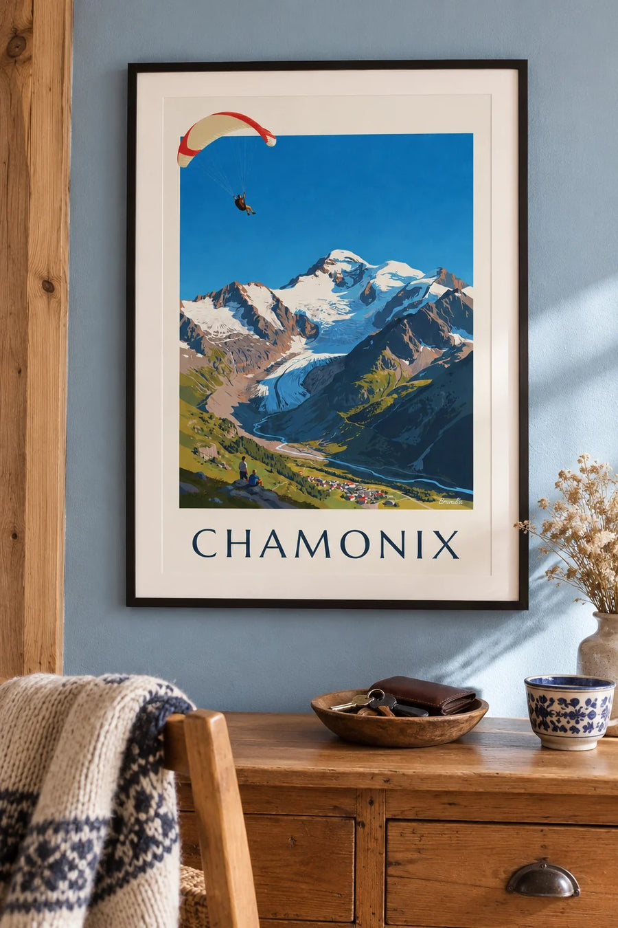 Affiche parapente à Chamonix et Mont-Blanc : encadrée au mur