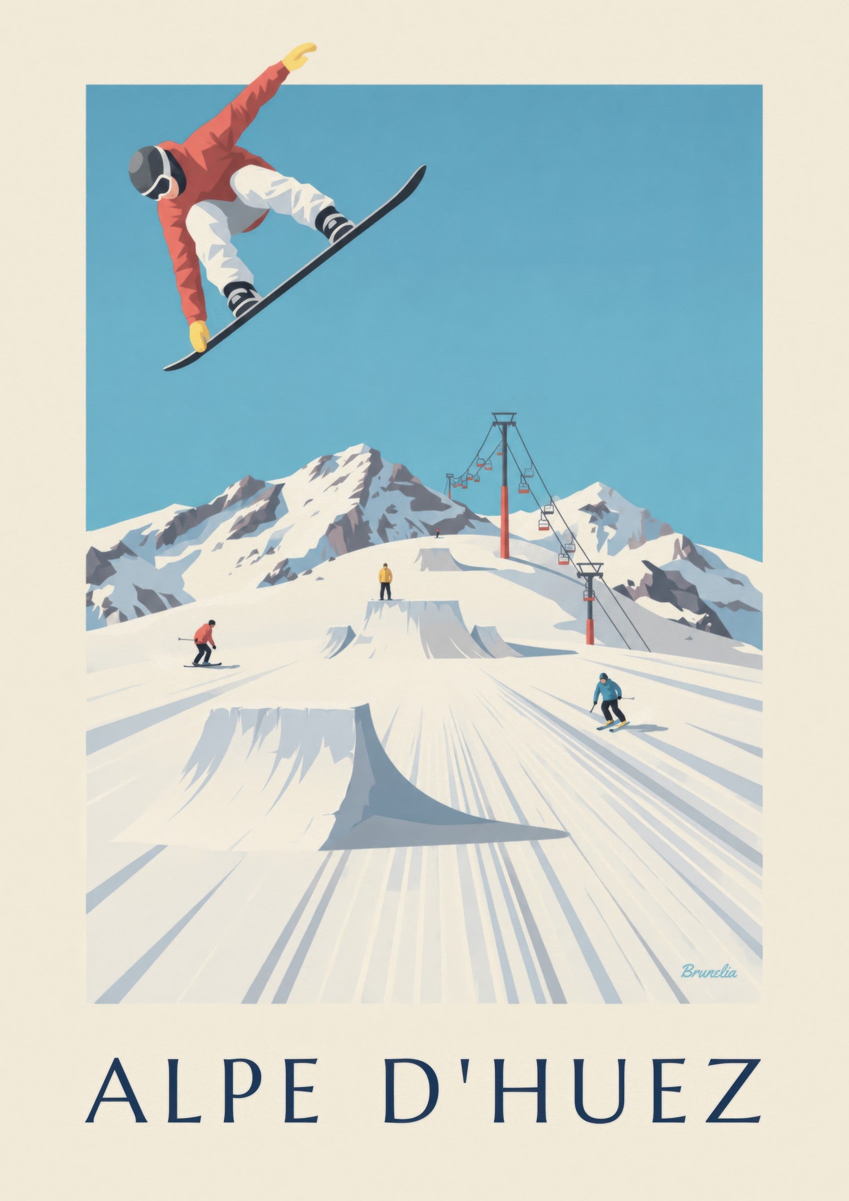 Affiche Alpe d'Huez, skieurs et snowboardeurs : détail en gros plan