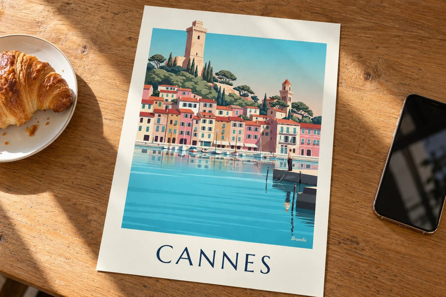 Affiche Vieux-Port de Cannes et Le Suquet : posée sur une table