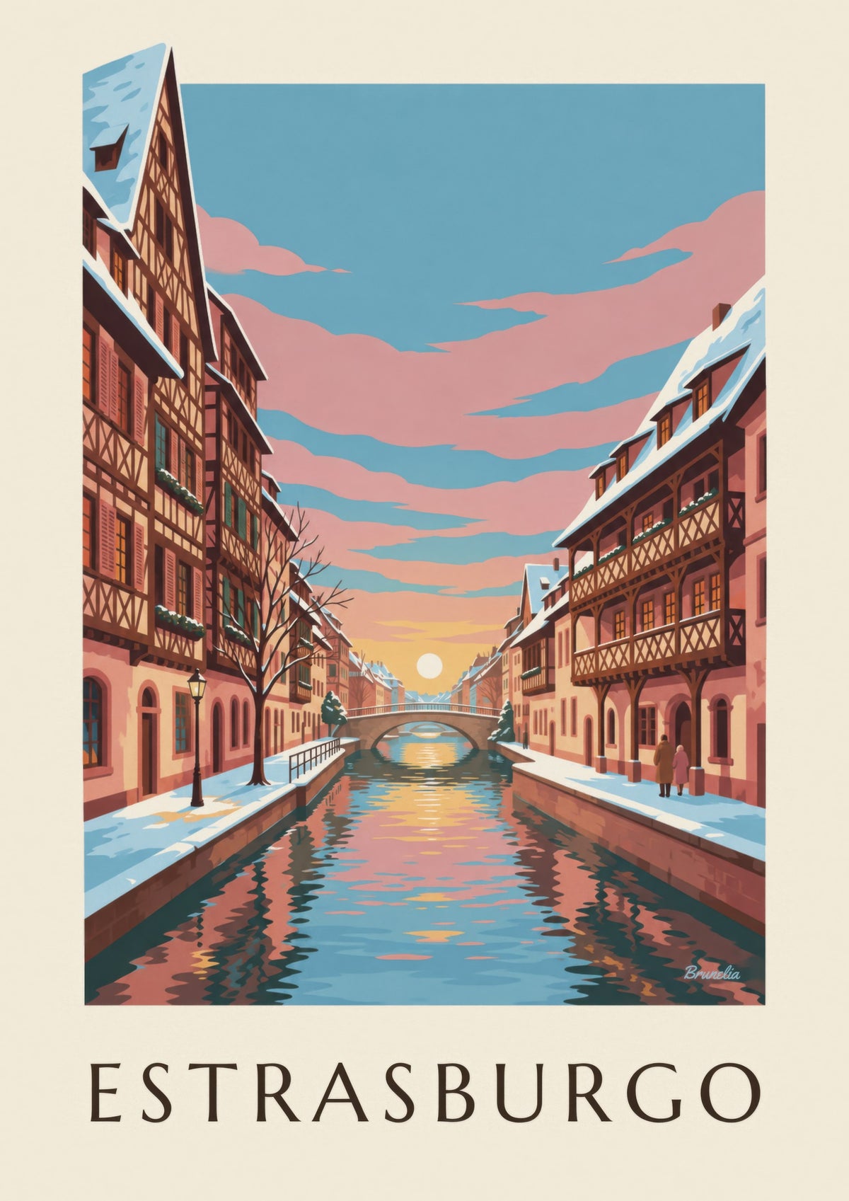 Affiche Petite France à Strasbourg en hiver (titre ESTRASBURGO)
