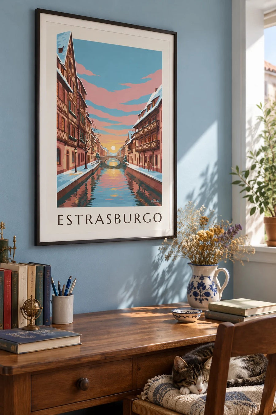 Affiche Petite France à Strasbourg en hiver (titre ESTRASBURGO) : encadrée au mur