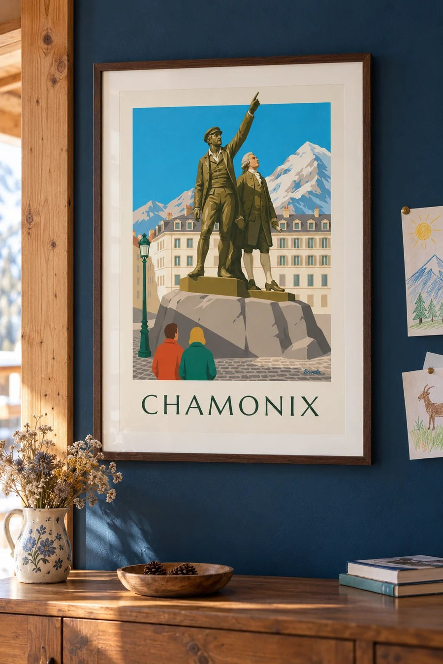 Affiche statue de Balmat et Saussure à Chamonix : encadrée au mur