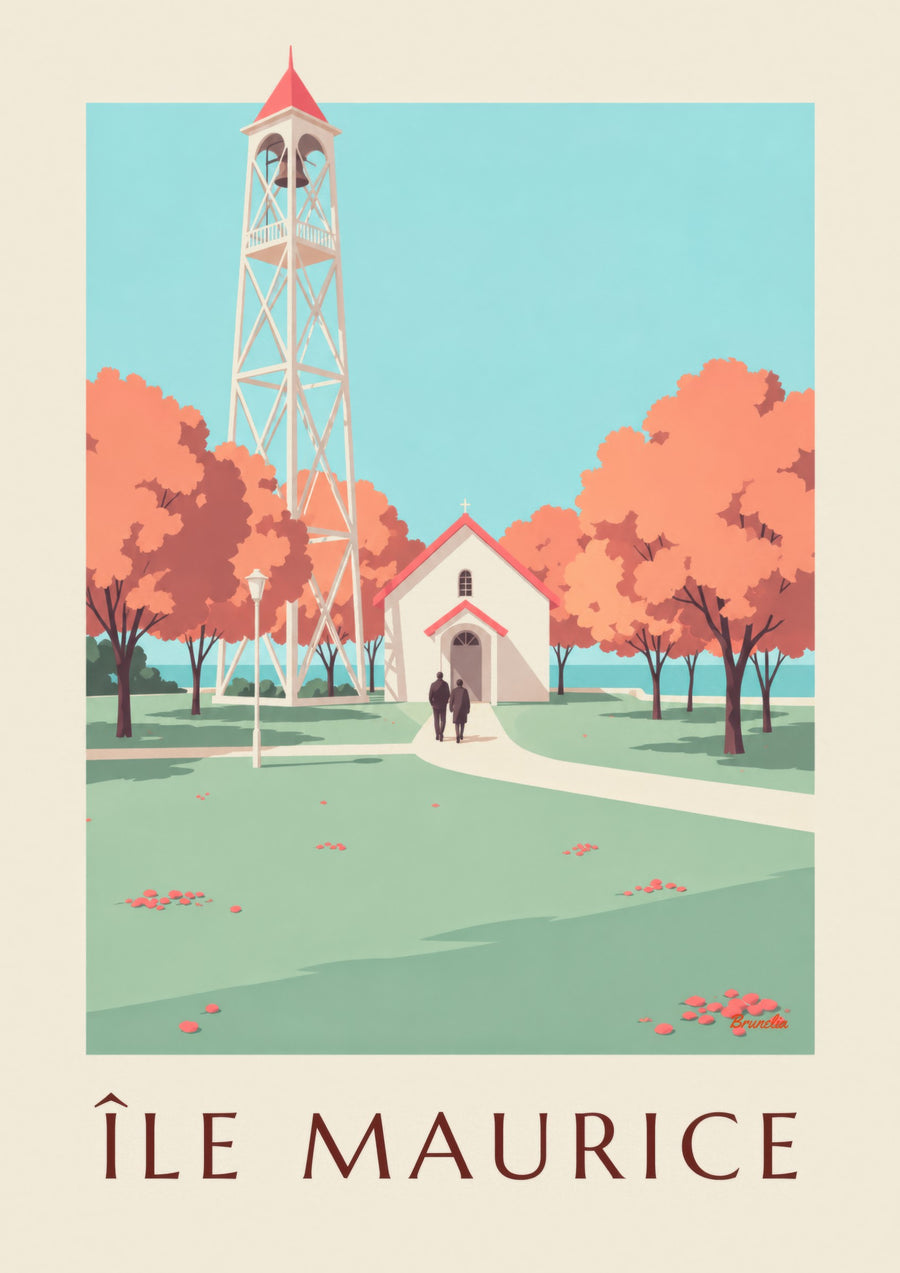 Affiche Île Maurice, église au toit rouge (titre ÎLE MAURICE)