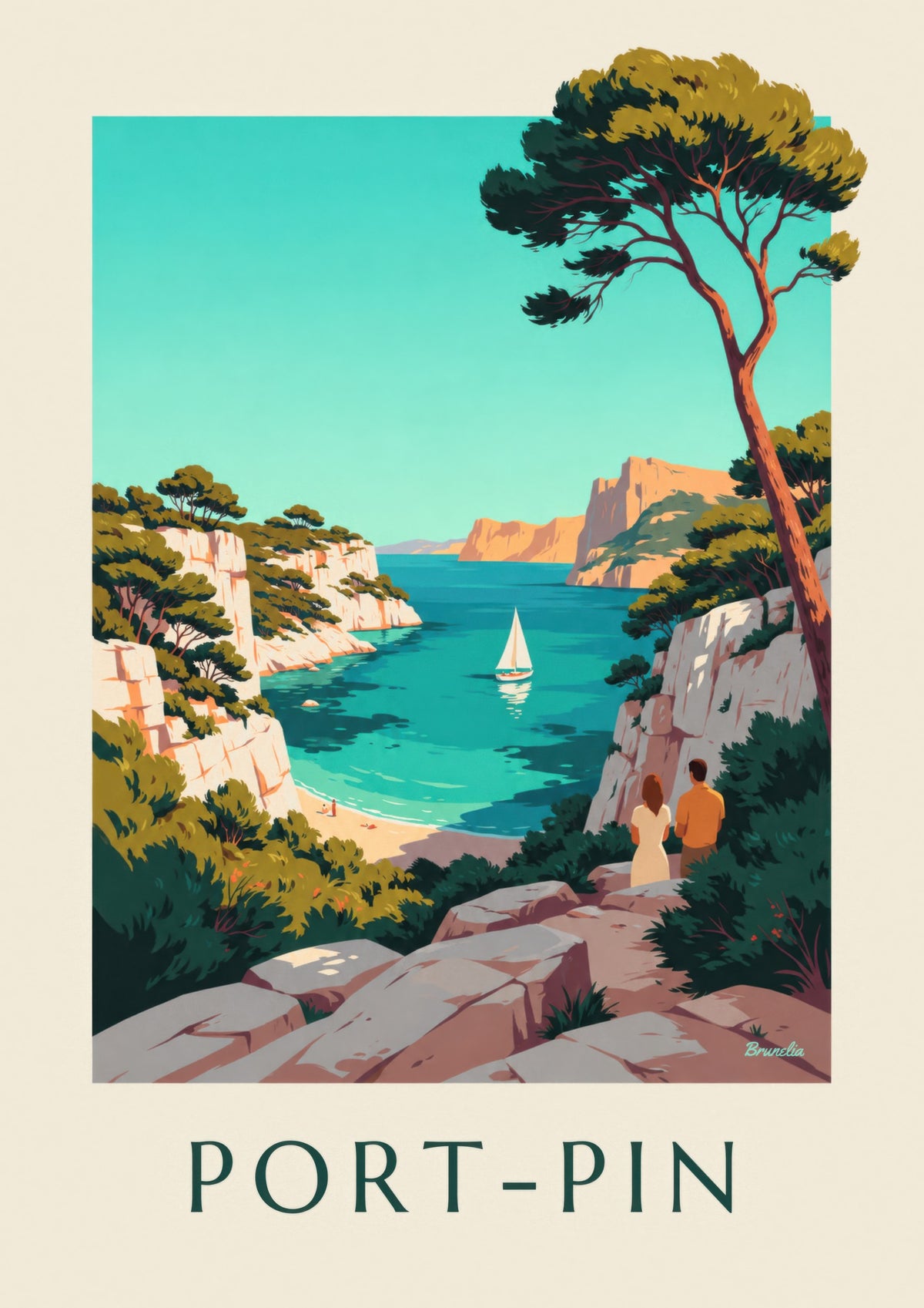 Affiche calanque de Port-Pin et voilier