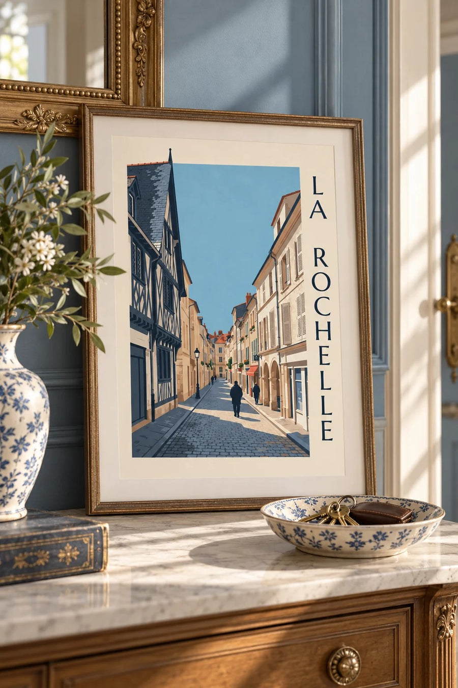 Affiche maison à pans de bois de La Rochelle : petit format A4 encadré
