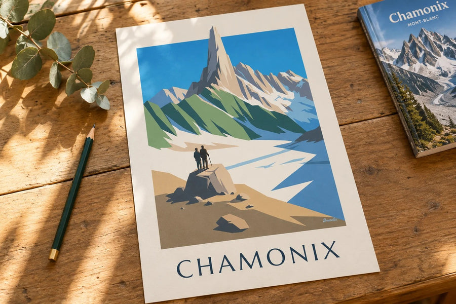 Affiche Chamonix, l'Aiguille du Dru : posée sur une table