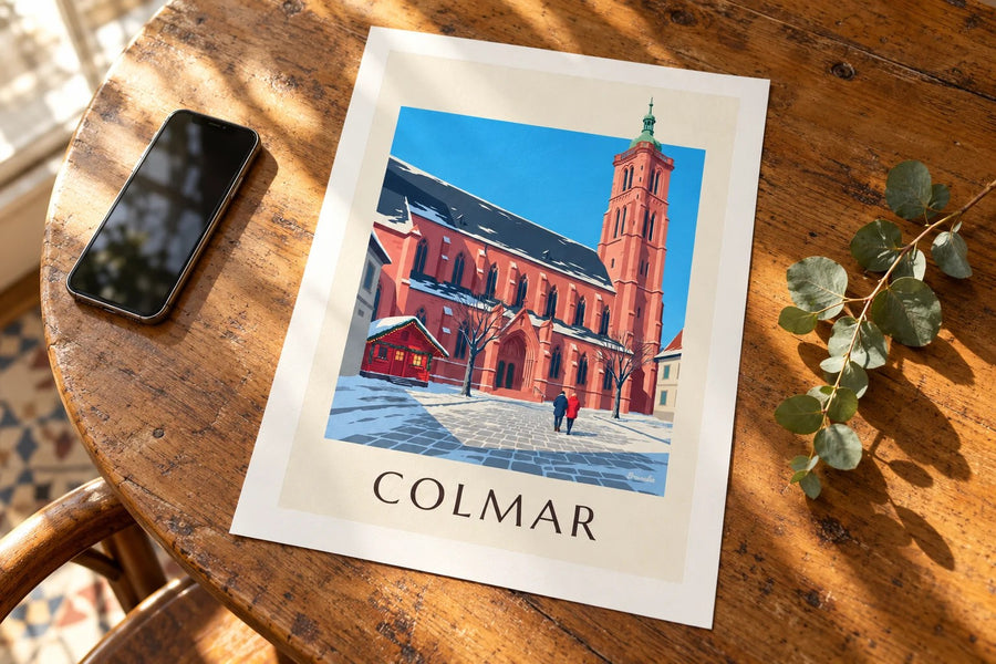 Affiche collégiale Saint-Martin de Colmar en hiver : posée sur une table