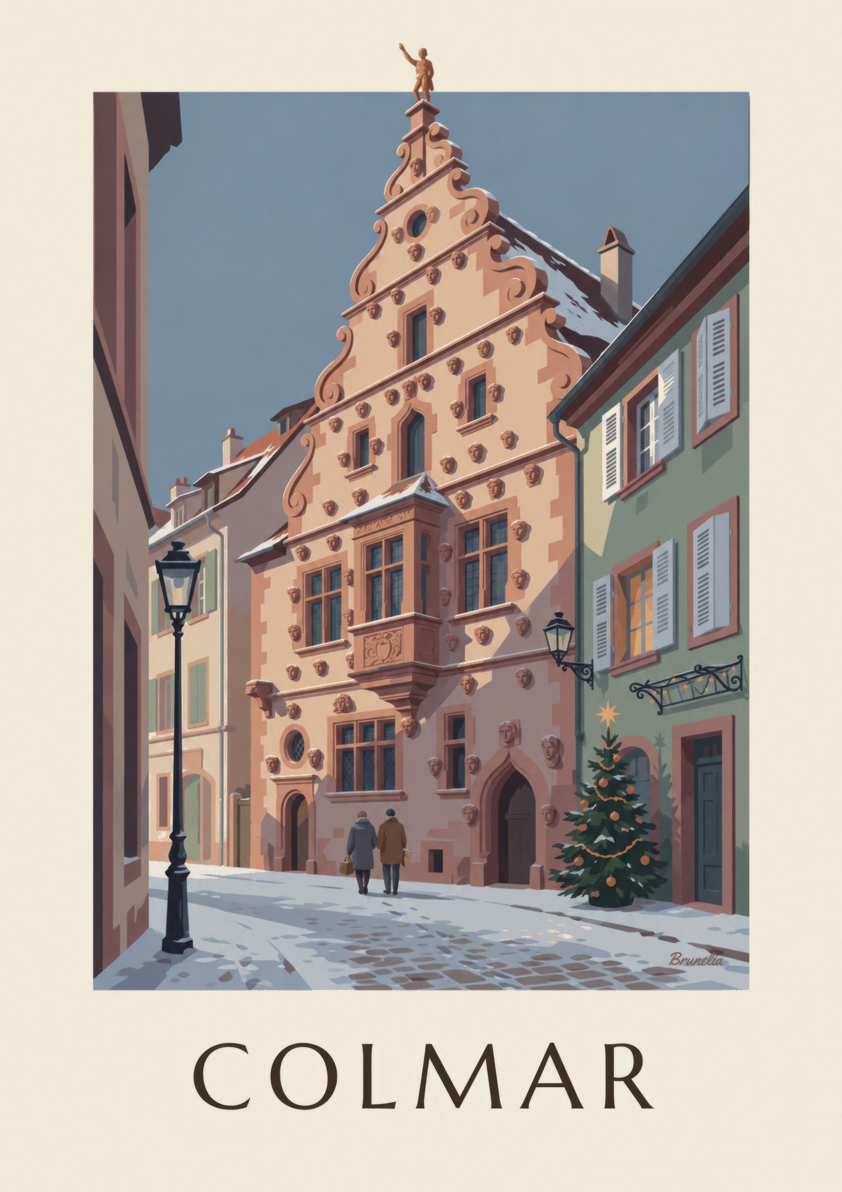 Affiche Maison des Têtes à Colmar en hiver : détail en gros plan