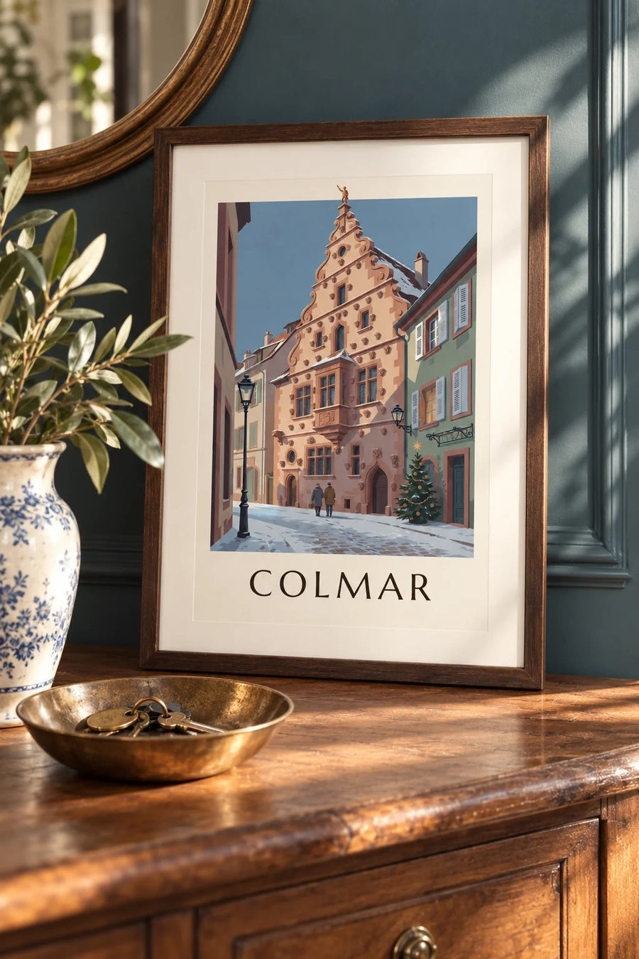 Affiche Maison des Têtes à Colmar en hiver : petit format A4 encadré