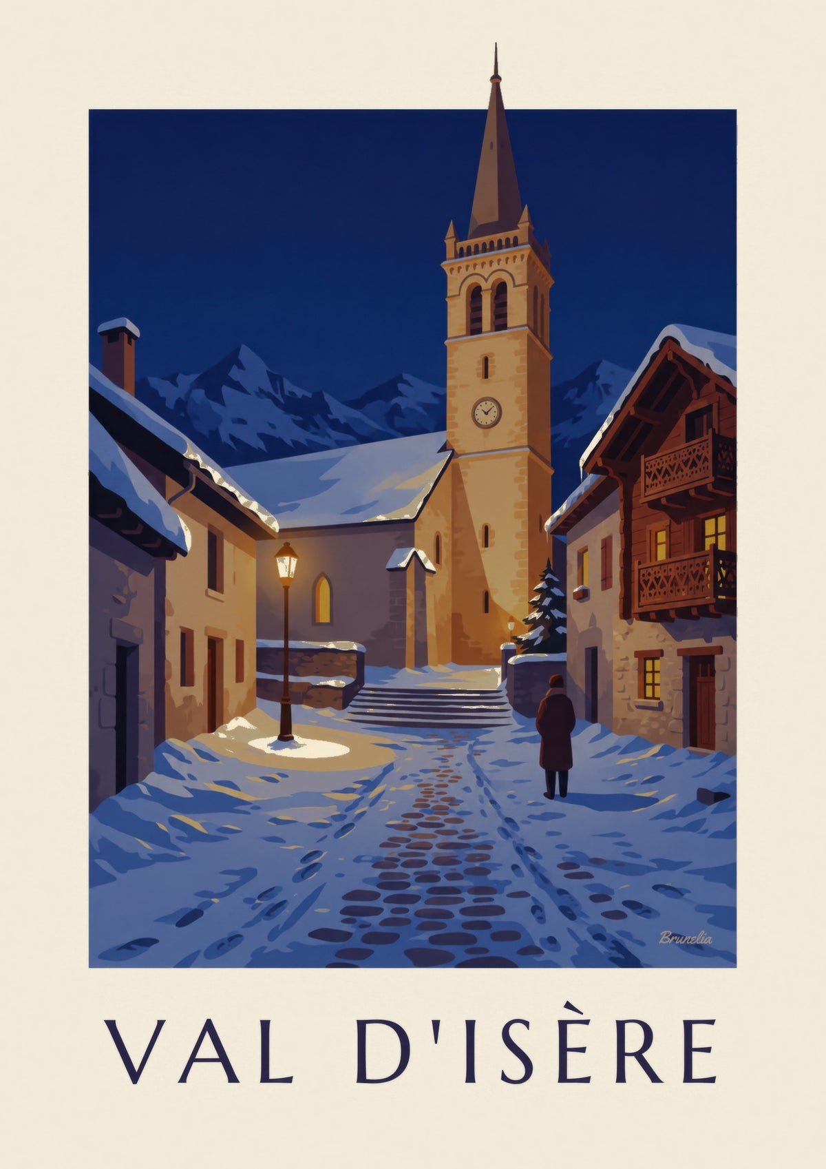 Affiche Val d’Isère, clocher illuminé en hiver