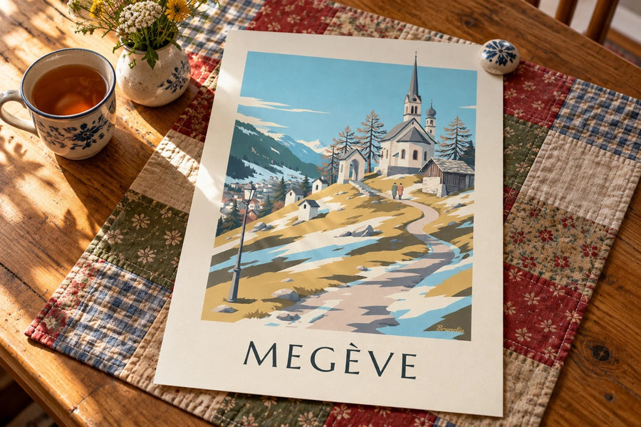 Affiche Megève, chapelles du Calvaire : posée sur une table